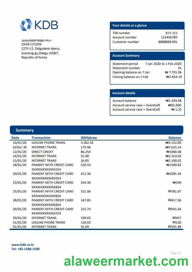 South Korea KDB bank proof of address statement template in Word and PDF format